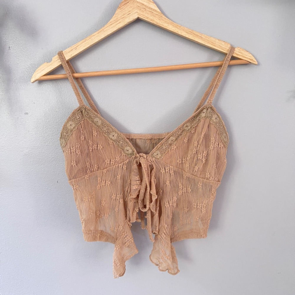 Dusty Rose Cami Lace Pointelle Fairy Front Tie Crop Boho Coquette Sheer V-Neck